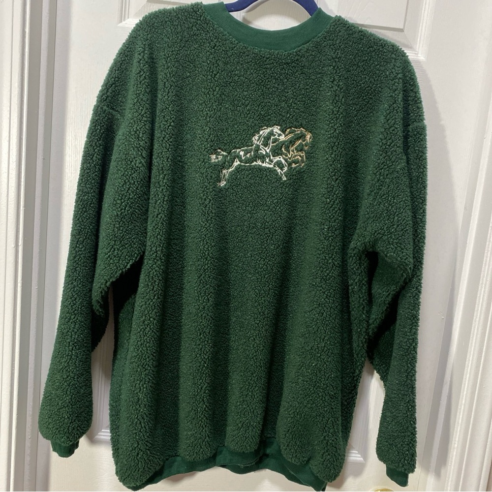 Green Sherpa Sweatshirt XL Horse Embroidery